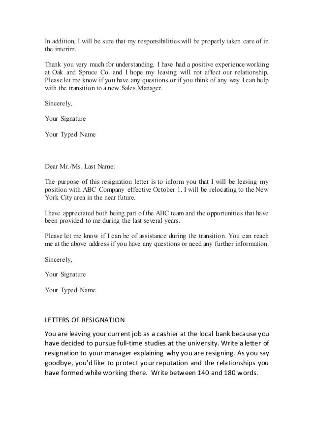 Resignation Letter As A Cashier Sample Resignation Letter