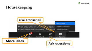 Ask questions
Live Transcript
Share ideas
Housekeeping
 
