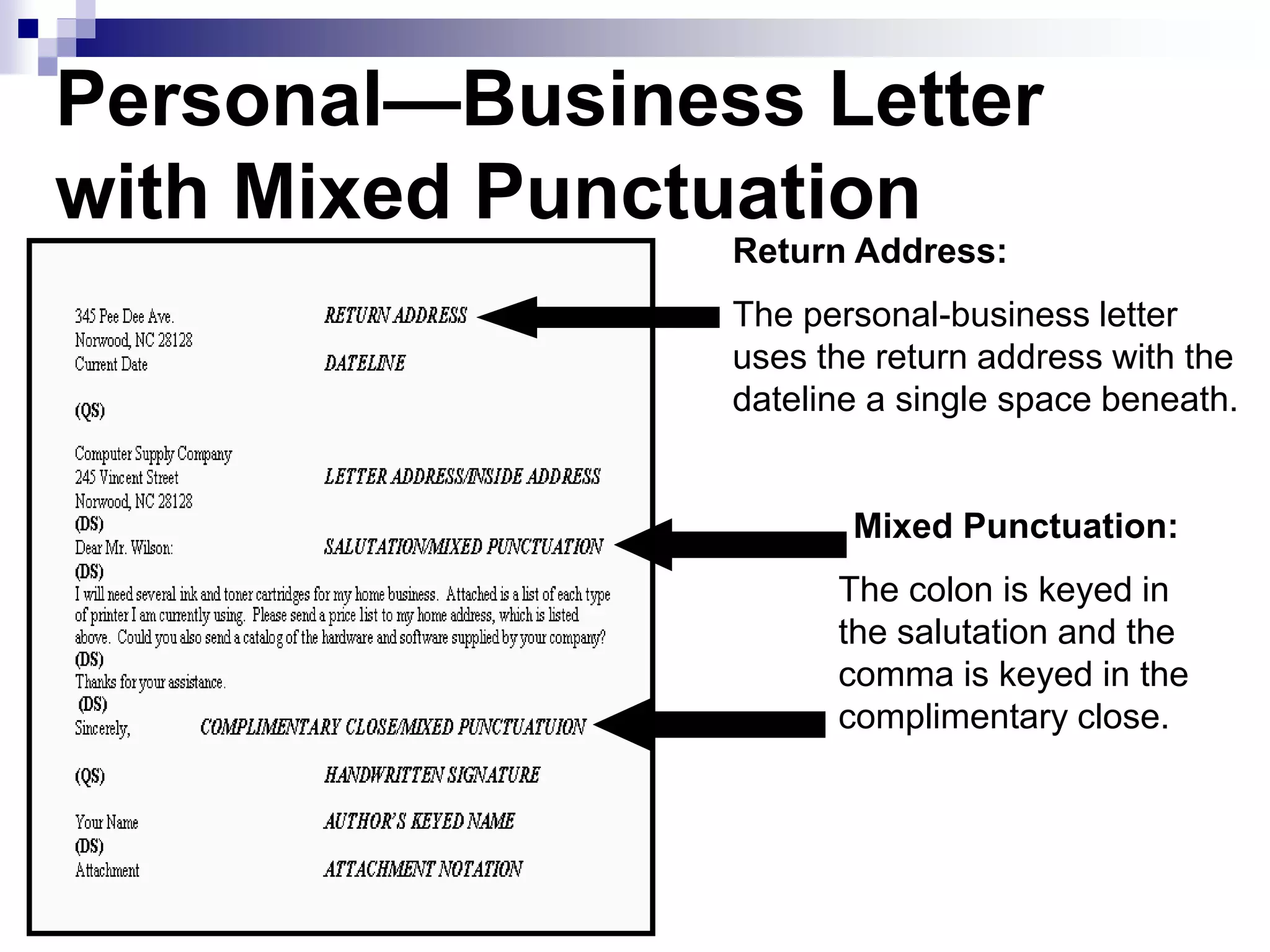 Personal—Business Letter
with Mixed Punctuation
Mixed Punctuation:
The colon is keyed in
the salutation and the
comma is keyed in the
complimentary close.
Return Address:
The personal-business letter
uses the return address with the
dateline a single space beneath.
 