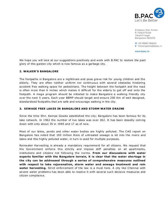 Critical Issues Plaguing Bangalore B PAC s letter to the Karnataka CM Critical Issues Plaguing Bangalore B PAC s letter to the Karnataka CM