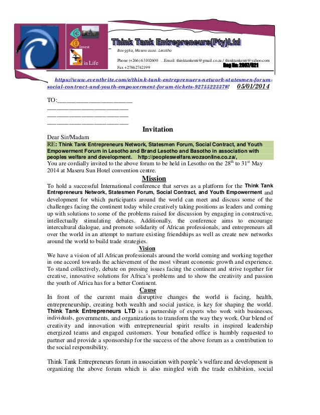 ist think tank entreprenuers forum in lesotho invitation think tank cover letter
