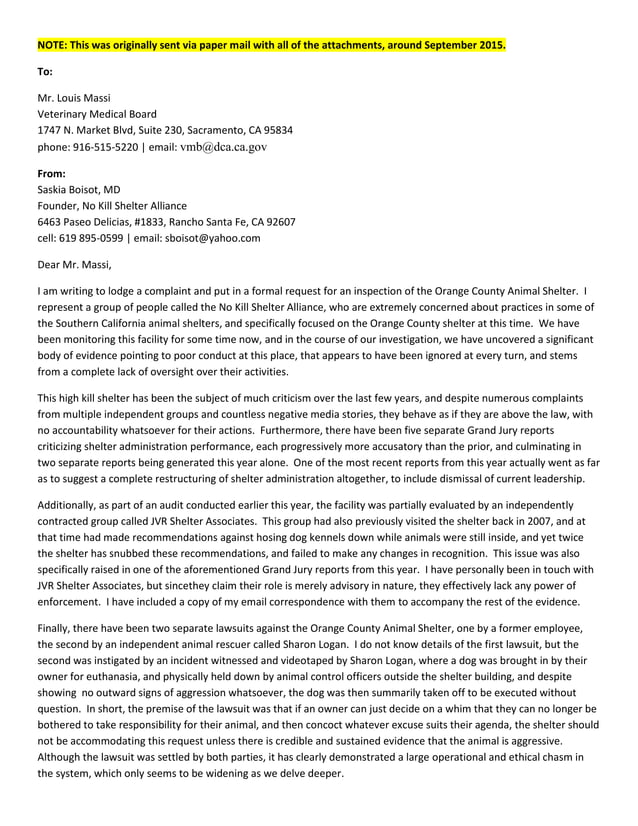 Letter to California Veterinary Medical Board by Saskia Boisot reOCAC