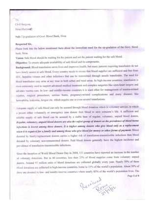Letter to civil surgeon, Sirsa for the up-gradation of Govt. Blood Bank, Sirsa
