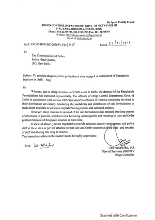 Letter to commissioner of delhi police for remdesivir distribution.
