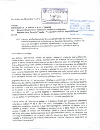 Letter to Colombian Congress re Raizal ethnocide (San Andres) -signed without attachments