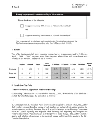 ATTACHMENT C
   ! Page 2                                                                    April 2, 2009




   2. Results

   This office has tabulated all street renaming postcard survey responses received by 5:00 p.m.,
   April 1, 2009. “Other” responses were those responses where either both or no boxes were
   checked on the postcard. The results are as follows:

                                             Total                                                  Return
              Support   Oppose    Other               % Support   % Oppose   % Other   Total Sent
                                           Received                                                  Rate

Broadway        73       1276       2        1,351      5.4%       94.4%       0.1%      3,289      41.1%

Grand Ave       69       372        3        444        15.5%      83.8%       0.7%      1,030      43.1%

39th Ave        91       694        6        791        11.5%      87.7%       0.8%      1,658      47.7%




   3. Applicable City Code

   17.93.040 Review of Application and Public Hearings.
   (Amended by Ordinance No. 182389, effective January 2, 2009.) Upon receipt of the applicant’s
   packet, the City shall process the application as follows:

   ***

   D. Concurrent with the Historian Panel review under Subsection C. of this Section, the Auditor
   shall conduct a postcard mailing survey of each legal owner and each legal address abutting the
   street in question, notifying them that there will be public hearings by the Planning Commission
   and City Council regarding the proposed street renaming and requesting the occupant and
   owner’s input within 30 calendar days, as to the proposed name change. The Auditor shall also
   receive and tabulate all responses to the postcard survey and forward the results to the City
   Planning Commission.
 