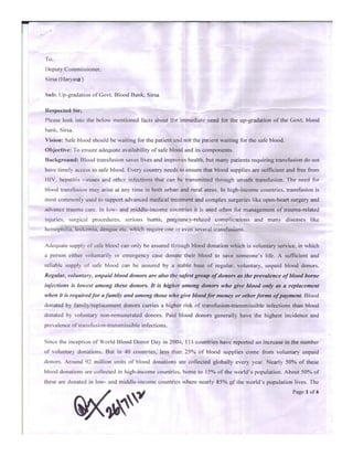 Letter to D.C. Sirsa for the up-gradation of Govt. Blood Bank, Sirsa