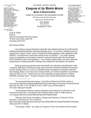 Letter to OH from Congressman Matt Cartwright Requesting Info on Frack Wastes