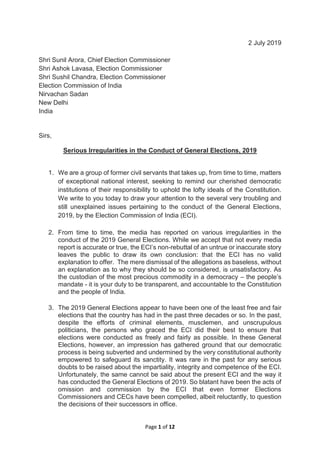 Page 1 of 12
2 July 2019
Shri Sunil Arora, Chief Election Commissioner
Shri Ashok Lavasa, Election Commissioner
Shri Sushi...