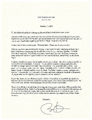 Letter from President Obama to Federal Employees on the Government Shutdown