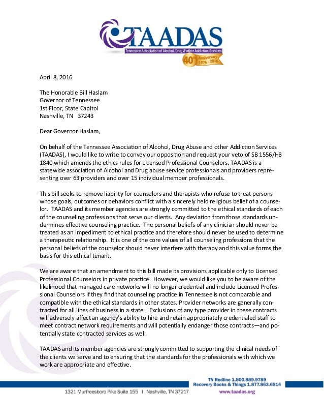 letter to governor haslam in response to counselor discrimination letter