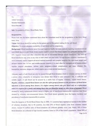 Letter to M.P. Sirsa for the up-gradation of Govt. Blood Bank, Sirsa-By Dr.Jaideep Kumar