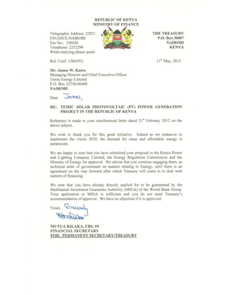 Letter to mr. kairu on temic solar photovoltaic power  generation project