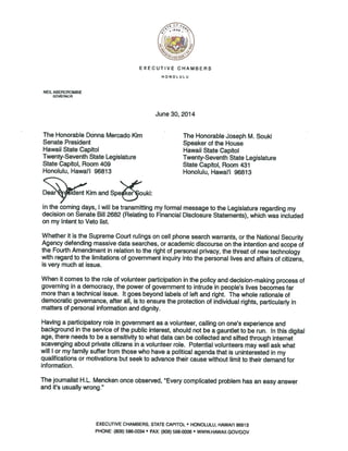 Governor's letter to Senate and House leaders