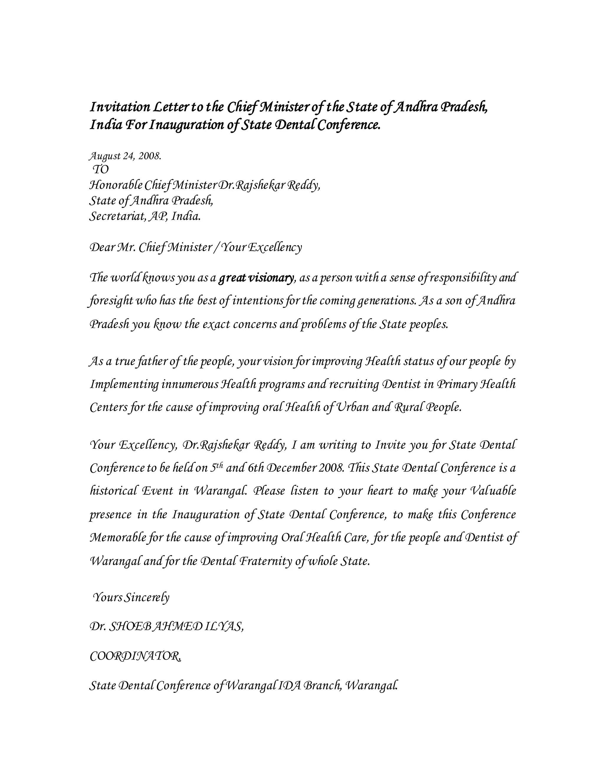Invitation Letter to the chief minister of the state of andhra pradesh ...