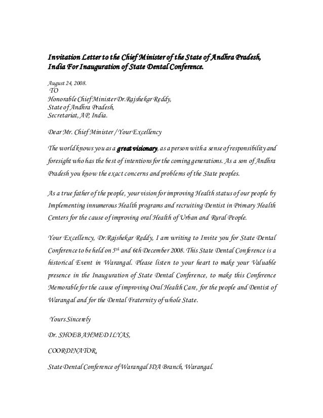 Invitation Letter to the chief minister of the state of ...