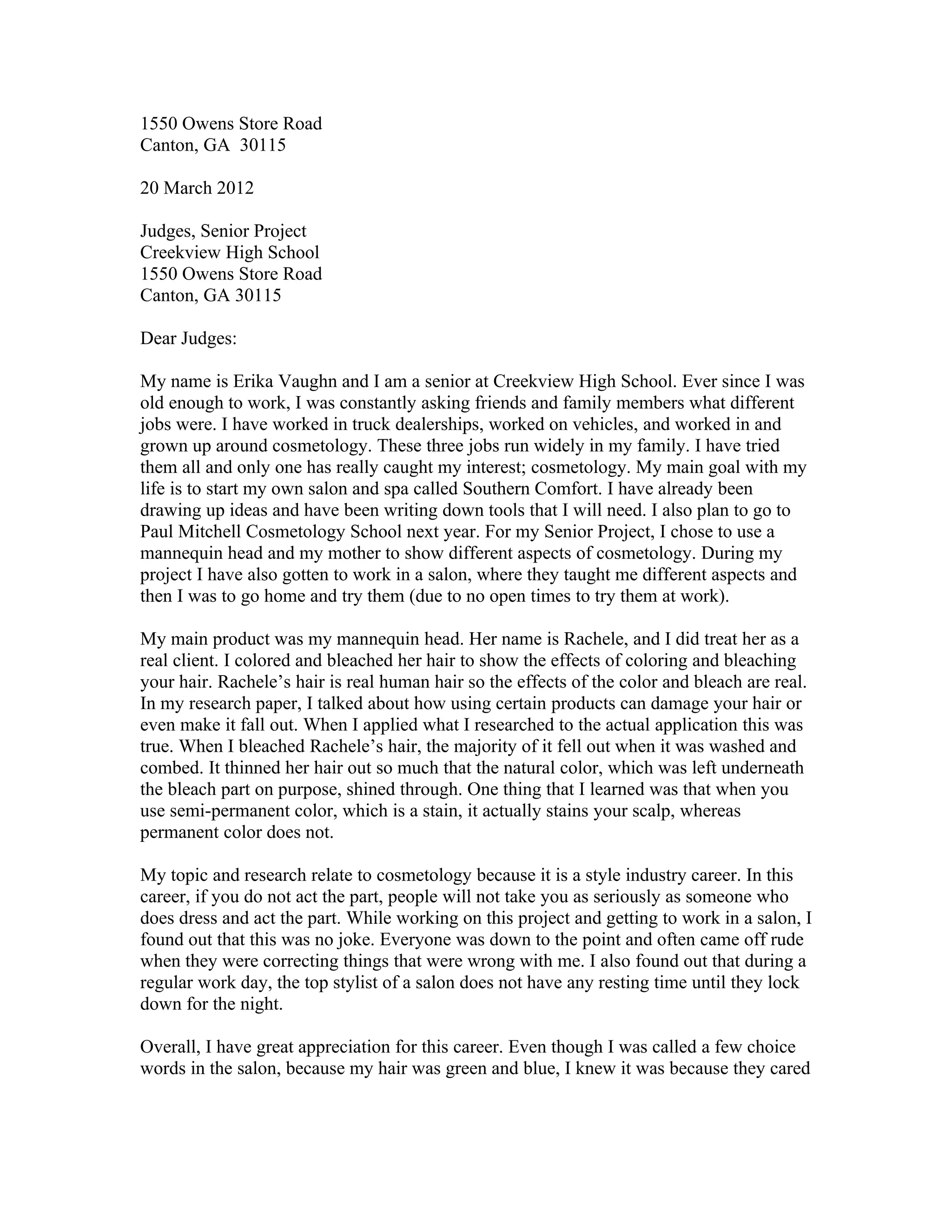 Letter to the Judges Erika Vaughn | DOC