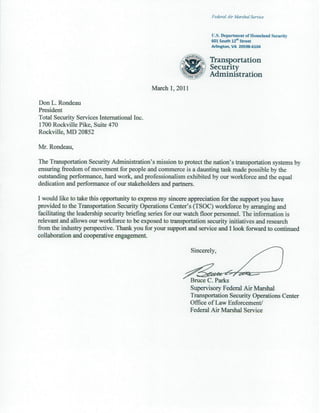 Don L. Rondeau - Federal Air Marshall Letter of Appreciation 