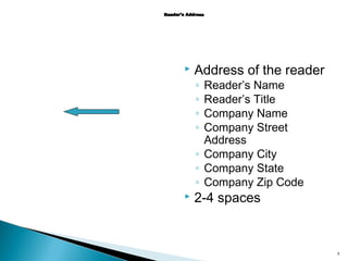 

Address of the reader
Reader’s Name
Reader’s Title
Company Name
Company Street
Address
◦ Company City
◦ Company State
◦ Company Zip Code
◦
◦
◦
◦



2-4 spaces

8

 