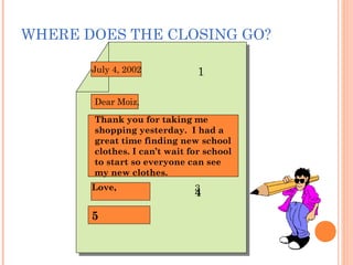 Writing a Letter
WHERE DOES THE CLOSING GO?
1
2
3
July 4, 2002
Dear Moiz,
4
Love,
Thank you for taking me
shopping yesterday. I had a
great time finding new school
clothes. I can’t wait for school
to start so everyone can see
my new clothes.
5
 