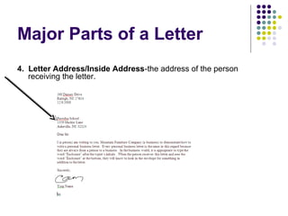 Major Parts of a Letter
4. Letter Address/Inside Address-the address of the person
receiving the letter.
 