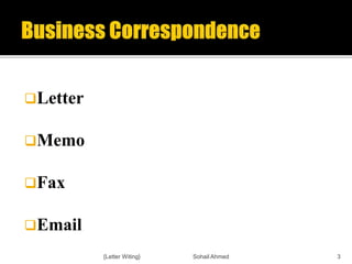 Letter
Memo
Fax
Email
{Letter Witing} Sohail Ahmed 3
 