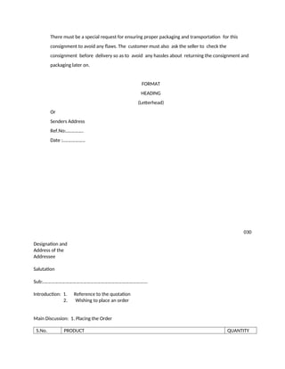 There must be a special request for ensuring proper packaging and transportation for this
consignment to avoid any flaws. The customer must also ask the seller to check the
consignment before delivery so as to avoid any hassles about returning the consignment and
packaging later on.
FORMAT
HEADING
(Letterhead)
Or
Senders Address
Ref.No:……………
Date :……………….
030
Designation and
Address of the
Addressee
Salutation
Sub:……………………………………………………………………………..
Introduction: 1. Reference to the quotation
2. Wishing to place an order
Main Discussion: 1. Placing the Order
S.No. PRODUCT QUANTITY
 