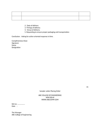 2. Date of delivery
3. Timings of delivery
4. Venue of delivery.
5. Requesting to ensure proper packaging and transportation
Conclusion: Asking for action oriented response in time.
Complimentary Close
Signature
Name
Designation
31
Sample: Letter Placing Order
ABC COLLEGE OF ENGINEERING
NEW DELHI
WWW.ABCCOMP.COM
Ref.no: ………………
Date :
The Manager
ABC College of Engineering
 