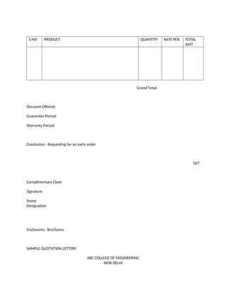S.NO PRODUCT QUANTITY RATE PER. TOTAL
AMT
Grand Total:
Discount Offered:
Guarantee Period:
Warranty Period:
Conclusion: Requesting for an early order
027
Complimentary Close
Signature
Name
Designation
Enclosures: Brochures
SAMPLE QUOTATION LETTERS
ABC COLLEGE OF ENGINEERING
NEW DELHI
 