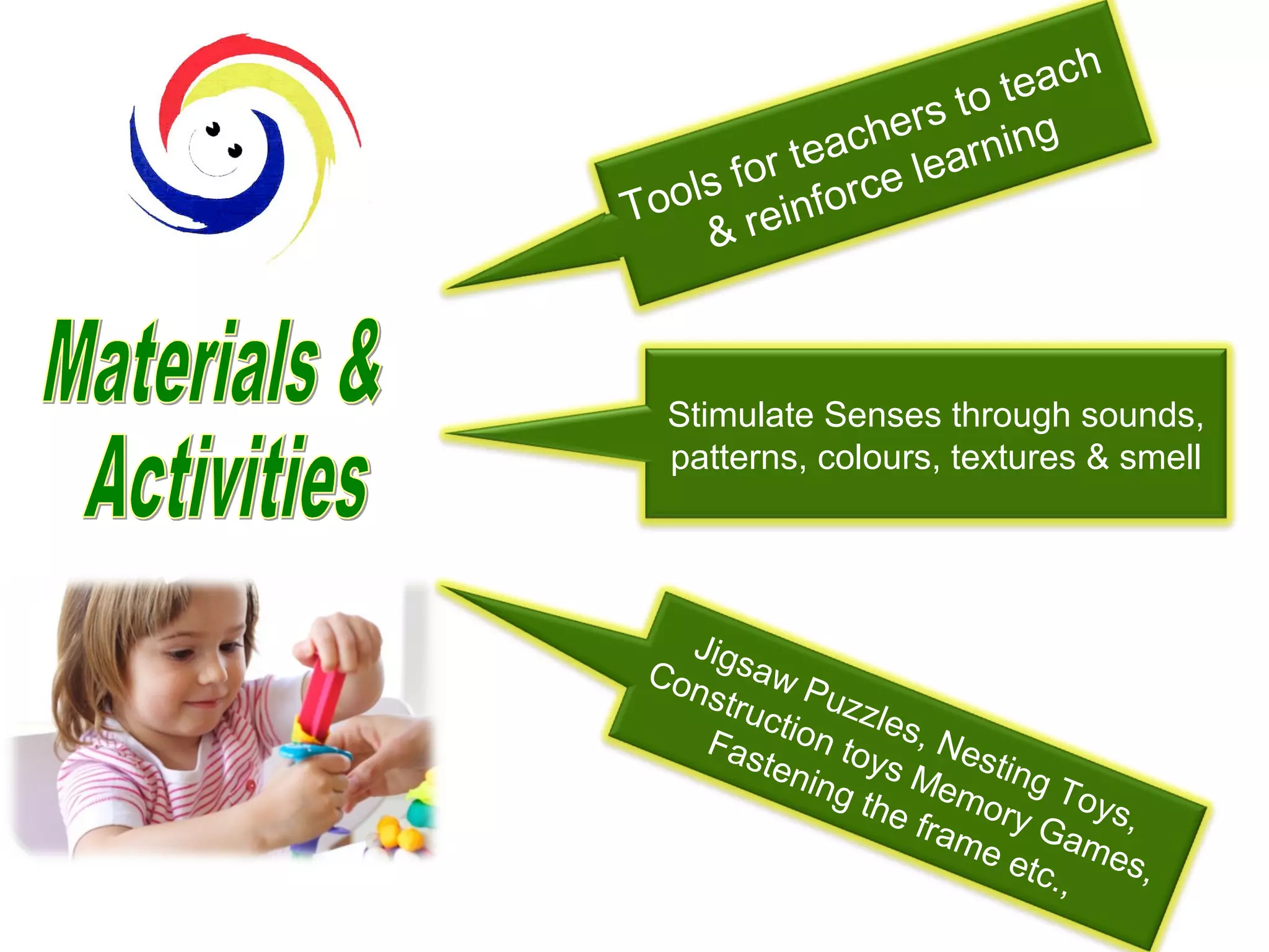 h
teac
to
ers ing
each learn
for t rce
ls
Too reinfo
&

Stimulate Senses through sounds,
patterns, colours, textures & smell

Jig
Con saw P
stru
u
ctio zzles,
Fas n to
N
ys M estin
ten
ing
em g Toy
the
o
fram ry Ga s,
m
ee
tc., es,

 