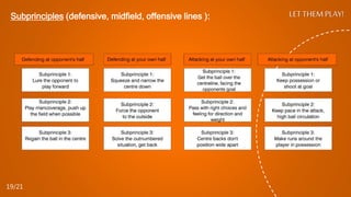 Subprinciples (defensive, midfield, offensive lines ): LET THEM PLAY!
19/21
 