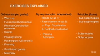 EXERCISES EXPLAINED
Old way (simple, guided):
- Warm up
- Fun rondo (Dutch rondo)
- Phsyical Coordination
(stamina)
- Dribble
- Passing/kicking
- Positionplay (US rondo’s)
- Finishing
- Small sided games
- Matchday
My way (complex, independent):
- Rondo (w-up 1)
- Fast footwork (w-up 2):
a: Phys. Coordination
b: Football coordination
- Sub subprinciples
- Sub subprinciples
Principles (focus):
- Passing
- Teamplay
- Subprinciples
- Subprinciples
32/38
 
