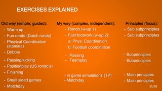 EXERCISES EXPLAINED
Old way (simple, guided):
- Warm up
- Fun rondo (Dutch rondo)
- Phsyical Coordination
(stamina)
- Dribble
- Passing/kicking
- Positionplay (US rondo’s)
- Finishing
- Small sided games
- Matchday
My way (complex, independent):
- Rondo (w-up 1)
- Fast footwork (w-up 2):
a: Phys. Coordination
b: Football coordination
- Sub subprinciples
- Sub subprinciples
Principles (focus):
- Passing
- Teamplay
- Subprinciples
- Subprinciples
- In game simulations (TP)
- Matchday
- Main principles
- Main principles
35/38
 