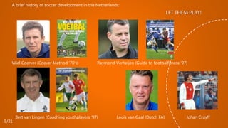 LET THEM PLAY!
Johan Cruyff
A brief history of soccer development in the Netherlands:
Wiel Coerver (Coever Method ‘70’s) Raymond Verheijen (Guide to footbalfitness ‘97)
Bert van Lingen (Coaching youthplayers ‘97) Louis van Gaal (Dutch FA)
5/21
 