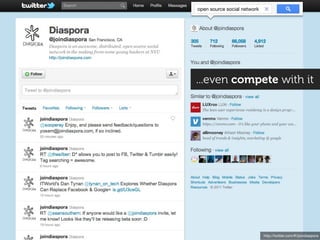 open source social network




...even compete with it.




                             http://twitter.com/#!/joindiaspora
 
