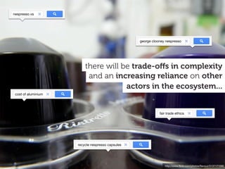 nespresso vs




                                                  george clooney nespresso




                         there will be trade-oﬀs in complexity
                          and an increasing reliance on other
                                     actors in the ecosystem...
 cost of aluminium




                                                             fair trade ethics




                     recycle nespresso capsules




                                                                http://www.ﬂickr.com/photos/ﬂavouz/3137171590
 