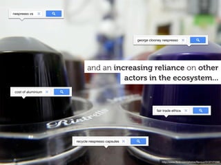 actors in the ecosystem...
and an increasing reliance on other
http://www.ﬂickr.com/photos/ﬂavouz/3137171590
recycle nespresso capsules
george clooney nespresso
nespresso vs
cost of aluminium
fair trade ethics
 