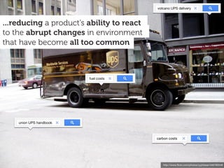 http://www.ﬂickr.com/photos/zyphbear/446780548
that have become all too common
to the abrupt changes in environment
...reducing a product's ability to react
fuel costs
union UPS handbook
carbon costs
volcano UPS delivery
 