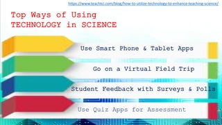 Top Ways of Using
TECHNOLOGY in SCIENCE
Use Smart Phone & Tablet Apps
Go on a Virtual Field Trip
Student Feedback with Surveys & Polls
Use Quiz Apps for Assessment
https://www.teachtci.com/blog/how-to-utilize-technology-to-enhance-teaching-science/
 