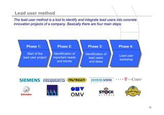 Titelmasterformat durch Klicken bearbeiten
Lead user method
The lead user method is a tool to identify and integrate lead users into concrete
innovation projects of a company. Basically there are four main steps:




        Phase 1:             Phase 2:            Phase 3:            Phase 4:

         Start of the      Identification of   Identification of
       Start des Lead                                                Lead user
      lead user project   important needs        lead users
        User Projekts                                                workshop
                             and trends           and ideas




                                                                                    13
 