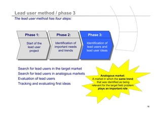 Titelmasterformat durch Klicken bearbeiten
Lead user method / phase 3
The lead user method has four steps:



      Phase 1:            Phase 2:              Phase 3:

       Start of the       Identification of    Identification of
        lead user
      Start des Lead     important needs        lead users and
          project
      User Projekts         and trends         lead user ideas




  Search for lead users in the target market
  Search for lead users in analogous markets
                                                          Analogous market:
  Evaluation of lead users                         A market in which the same trend
                                                       that was identified as being
  Tracking and evaluating first ideas              relevant for the target field problem
                                                        plays an important role




                                                                                           18
 