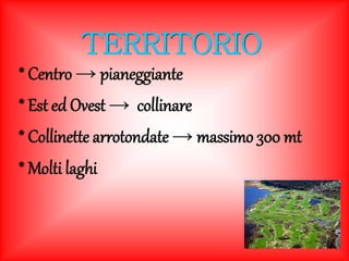 TERRITORIO 
* Centro → pianeggiante 
* Est ed Ovest → collinare 
* Collinette arrotondate → massimo 300 mt 
* Molti laghi 
 