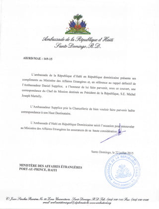 Lettre de l'Ambassadeur Daniel Supplice au Président Martelly