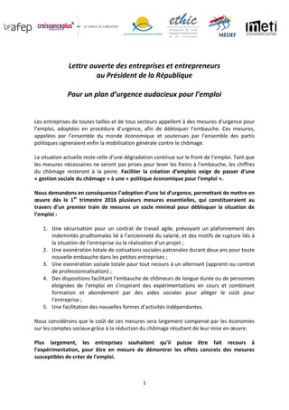 1
Lettre ouverte des entreprises et entrepreneurs
au Président de la République
Pour un plan d’urgence audacieux pour l’em...