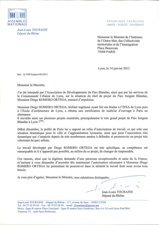 Lettre du député Jean-Louis Touraine contre l'expulsion du chef de chantier Sergent Blandan