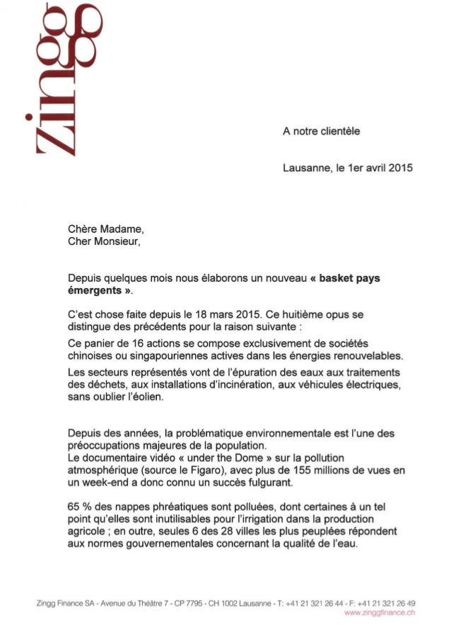 lettre de zingg finance sur les marches