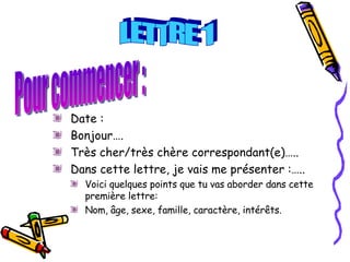 Date : Bonjour…. Très cher/très chère correspondant(e)….. Dans cette lettre, je vais me présenter :….. Voici quelques points que tu vas aborder dans cette première lettre:  Nom, âge, sexe, famille, caractère, intérêts. LETTRE 1 Pour commencer : 
