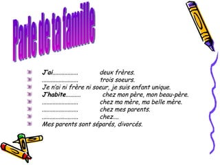 J’ai .................            deux frères.  ........................            trois soeurs.  Je n’ai ni frère ni soeur, je suis enfant unique.  J’habite ..........            chez mon père, mon beau-père.  ........................            chez ma mère, ma belle mère.  ........................            chez mes parents.  ........................            chez....  Mes parents sont séparés, divorcés.   Parle de ta famille 