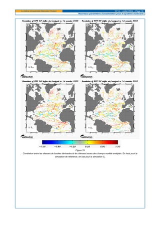 La lettre trimestrielle Mercator Océan N°14 – Juillet 2004 – Page 18
Nouveaux paramètres d’assimilation pour le système multivarié
Figure 19
Corrélation entre les vitesses de bouées dérivantes et les vitesses issues des champs modèle analysés. En haut pour la
simulation de référence, en bas pour la simulation Sv
V SrefU Sref
U Sv V Sv
 