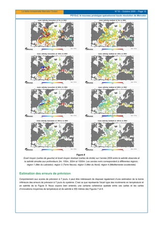 La lettre trimestrielle Mercator Océan N°19 – Octobre 2005 – Page 10
PSY2v2, le nouveau prototype opérationnel haute résolution de Mercator
Figure 8
Ecart moyen (cartes de gauche) et écart moyen résiduel (cartes de droite) sur l’année 2004 entre la salinité observée et
la salinité simulée aux profondeurs 3m, 100m, 300m et 1000m. Les cercles noirs correspondent à différentes régions :
région 1 (Mer du Labrador), région 2 (Terre Neuve), région 3 (Mer du Nord), région 4 (Méditerranée occidentale).
Estimation des erreurs de prévision
Conjointement aux scores de prévision à 7 jours, il peut être intéressant de disposer également d’une estimation de la borne
inférieure des erreurs de prévision à 7 jours du système. C’est ce que représente l’écart type des incréments en température et
en salinité de la Figure 9. Nous voyons bien entendu une certaine cohérence spatiale entre ces cartes et les cartes
d’innovations moyennes de température et de salinité à 300 mètres des Figures 7 et 8.
 